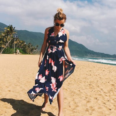 USA SIZE Sexy V-neck halter dress Fashion printed bandage beach dress