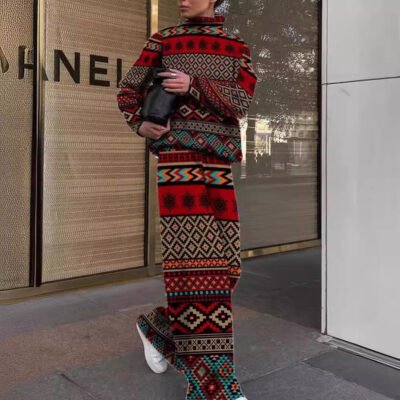 Women’s Fashion Printed Loose High Collar Long-sleeved Two-piece Suit