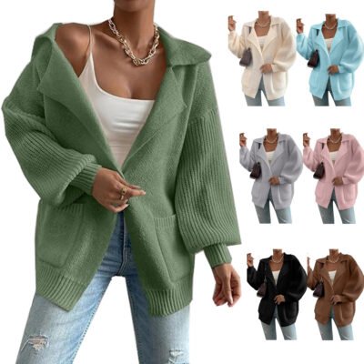 Women’s Lapel Sweater Coat V-neck Buttons