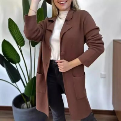 Women’s Lapel Long Sleeve Knitted Coat