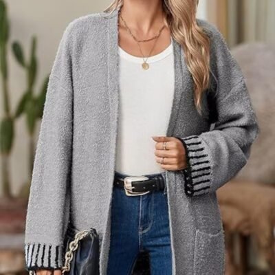 Long Sleeve Color Stitching Knitted Cardigan Pocket Women’s Clothing