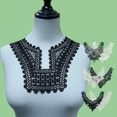 Round neck V-neck thread hollowed out polyester material embroidered and sewn black and white decorative dress accessories